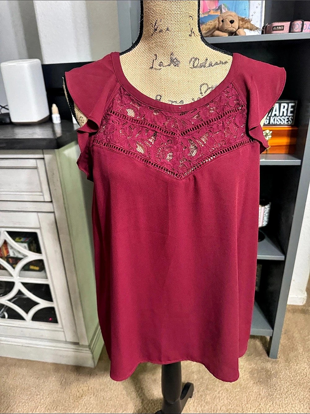 Express Floral Lace Short Sleeve Blouse in Red Size XS